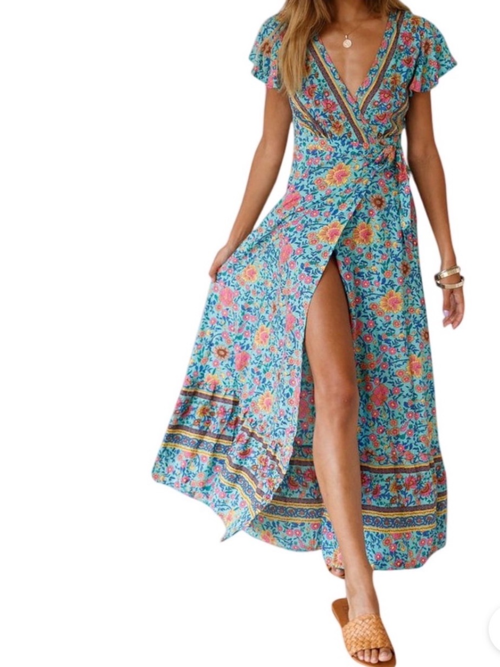 Floral Wrap Maxi Dress in Turquoise